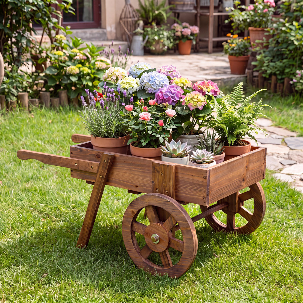 Wooden Wagon Planter with Wheels for Indoor and Outdoor Use