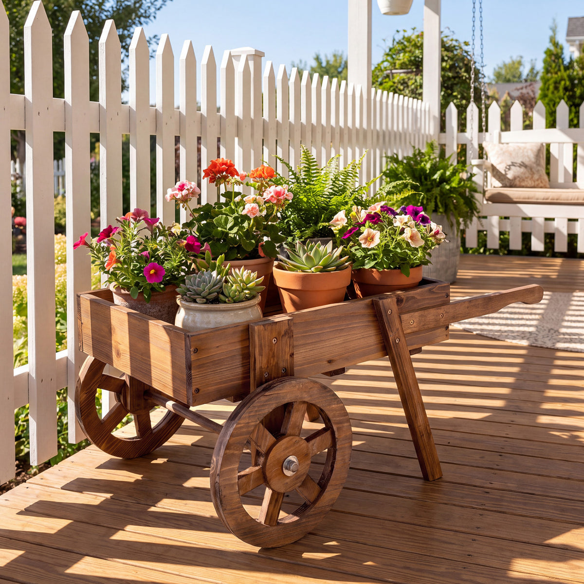 Wooden Wagon Planter with Wheels for Indoor and Outdoor Use