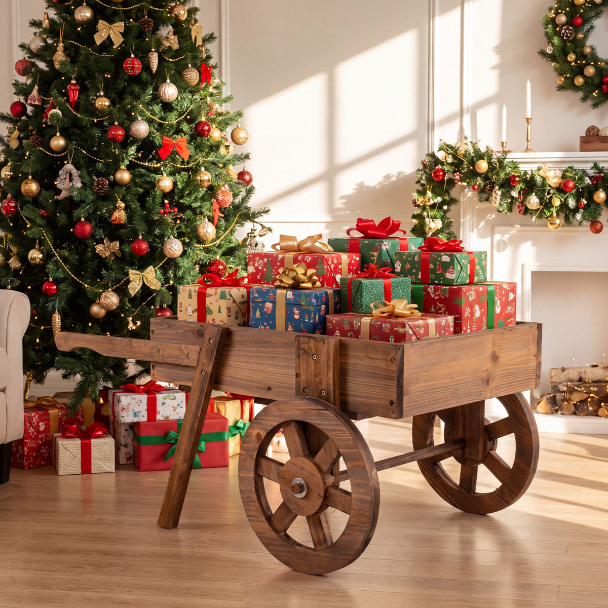 Wooden Wagon Planter with Wheels for Indoor and Outdoor Use