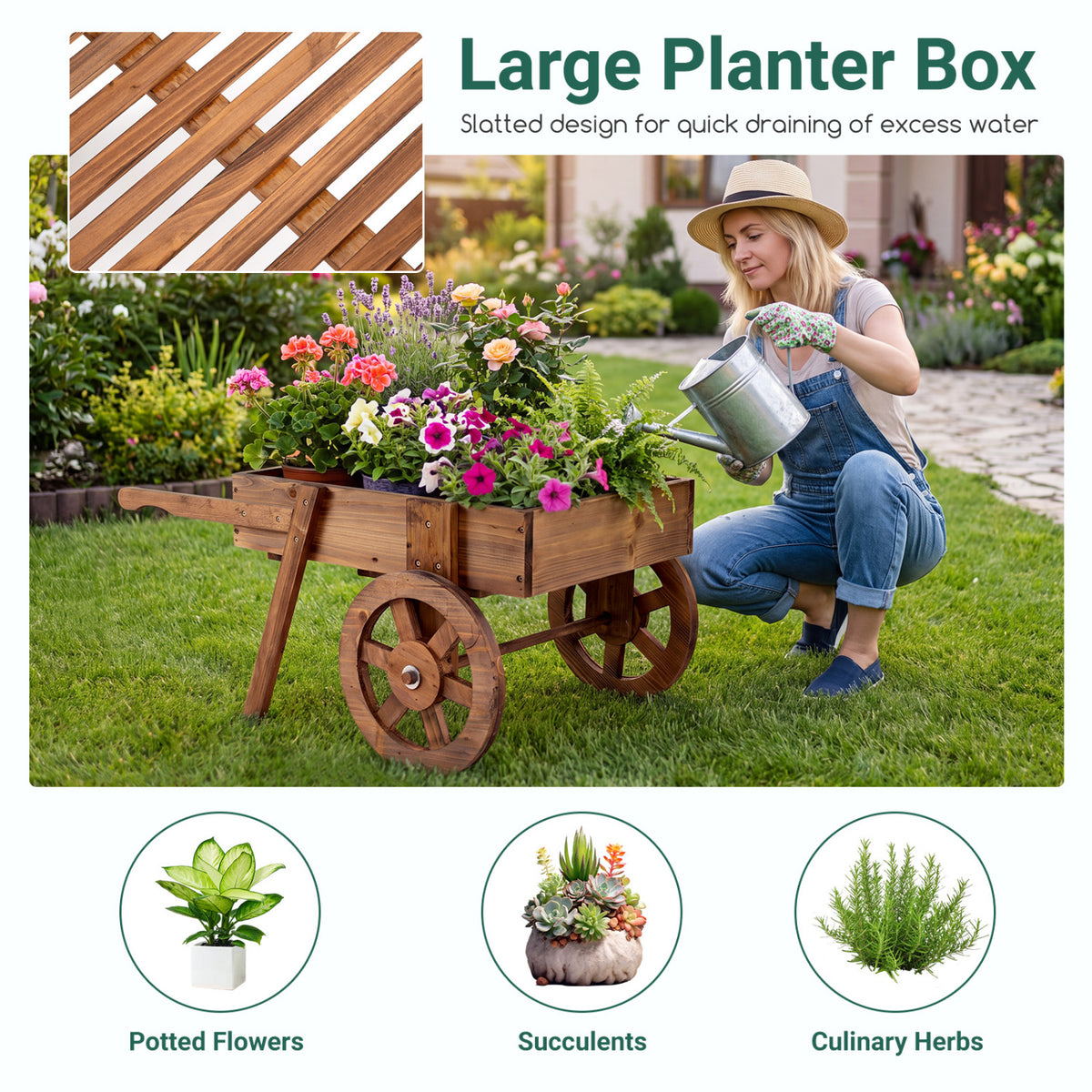 Wooden Wagon Planter with Wheels for Indoor and Outdoor Use