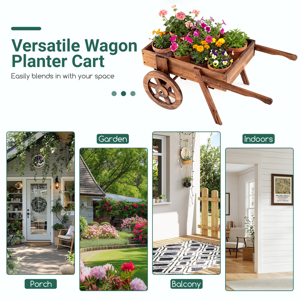 Wooden Wagon Planter with Wheels for Indoor and Outdoor Use