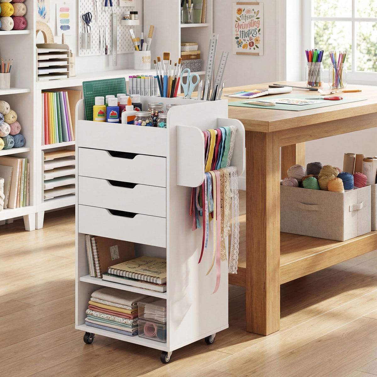 Wrapping Paper Storage Cart with 3 Drawers – Rustic Brown