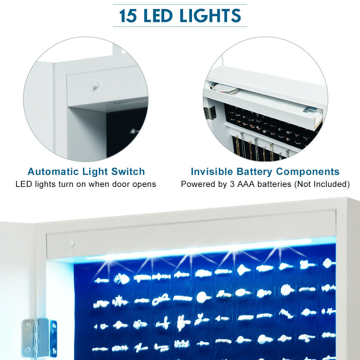 Wall-Mounted Lockable Mirrored Jewelry Cabinet with LED Lights - Style 2