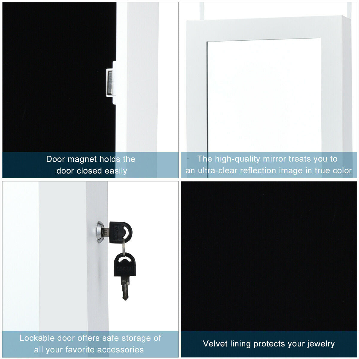 Wall-Mounted Lockable Mirrored Jewelry Cabinet with LED Lights - Style 2