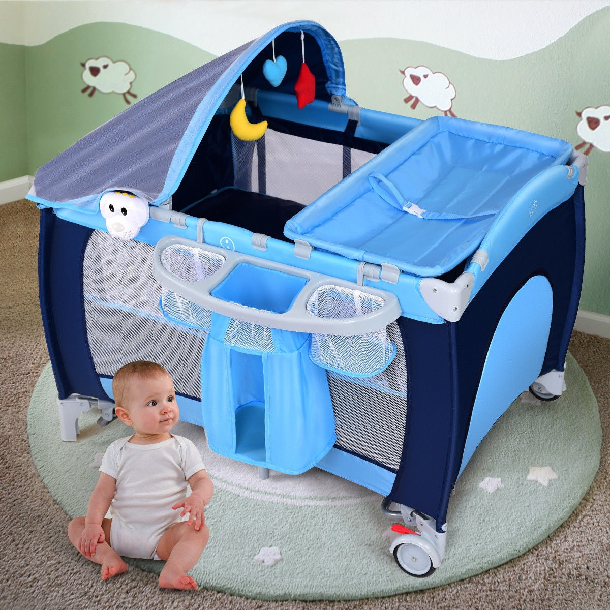3-in-1 Foldable Baby Playpen with Mosquito Net & Carry Bag - Blue Variation