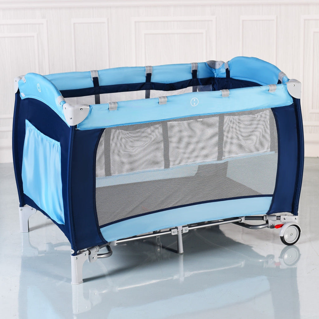 3-in-1 Foldable Baby Playpen with Mosquito Net & Carry Bag - Blue Variation
