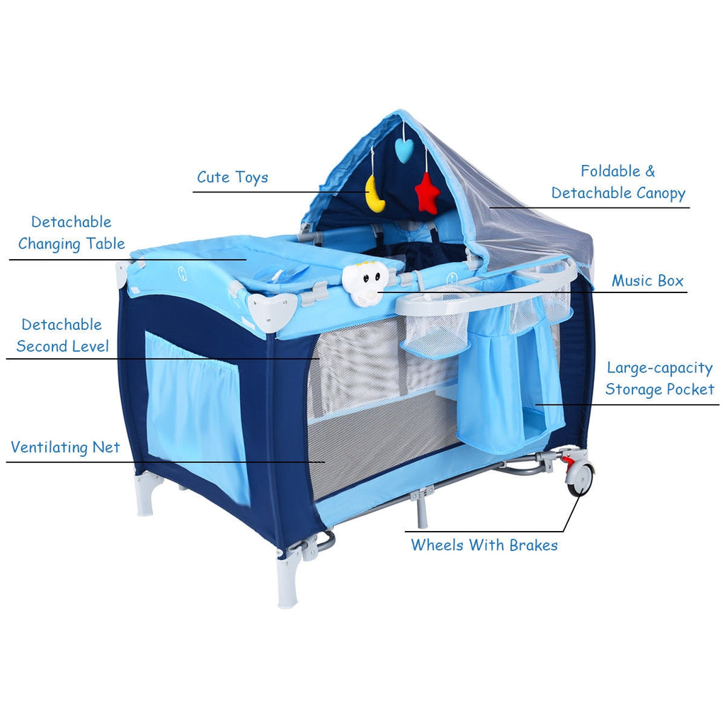 3-in-1 Foldable Baby Playpen with Mosquito Net & Carry Bag - Blue Variation
