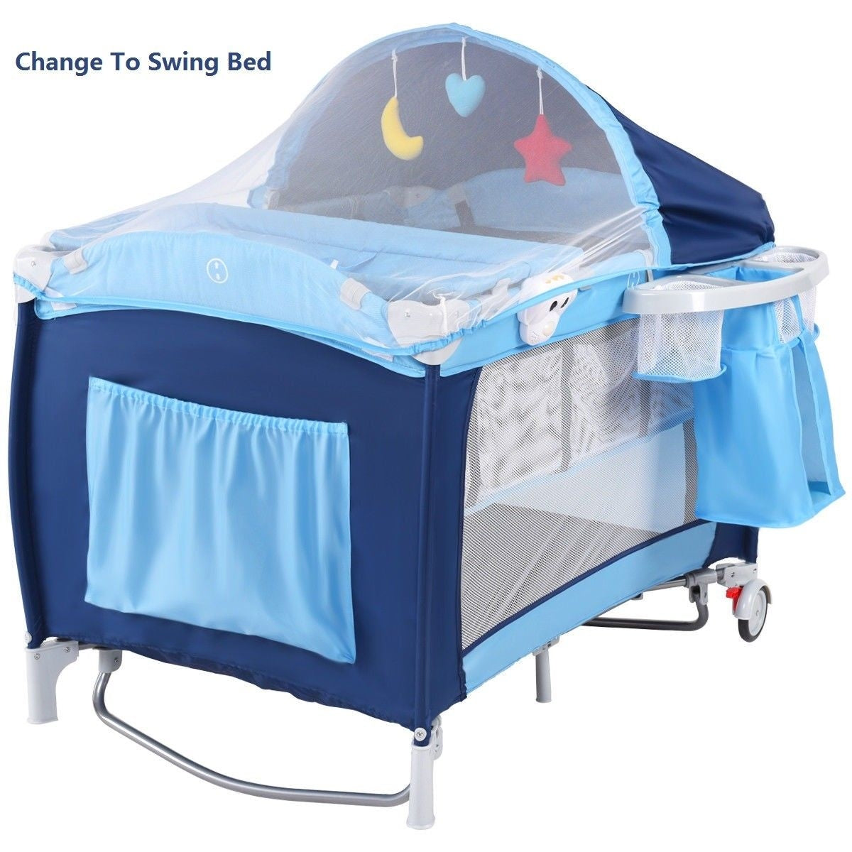 3-in-1 Foldable Baby Playpen with Mosquito Net & Carry Bag - Blue Variation
