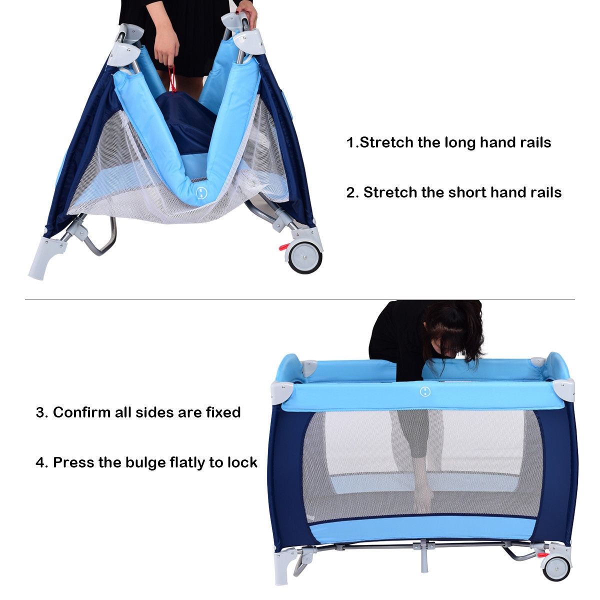 3-in-1 Foldable Baby Playpen with Mosquito Net & Carry Bag - Blue Variation