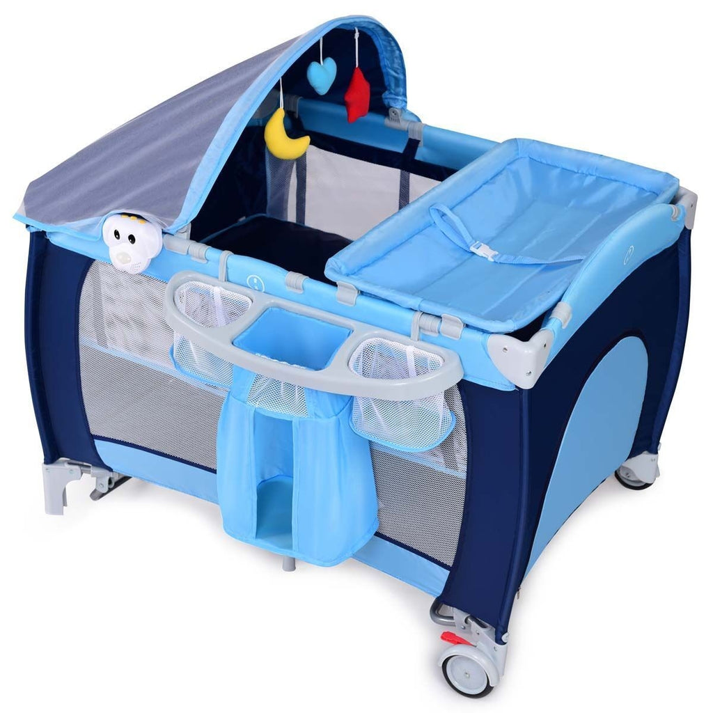 3-in-1 Foldable Baby Playpen with Mosquito Net & Carry Bag - Blue Variation