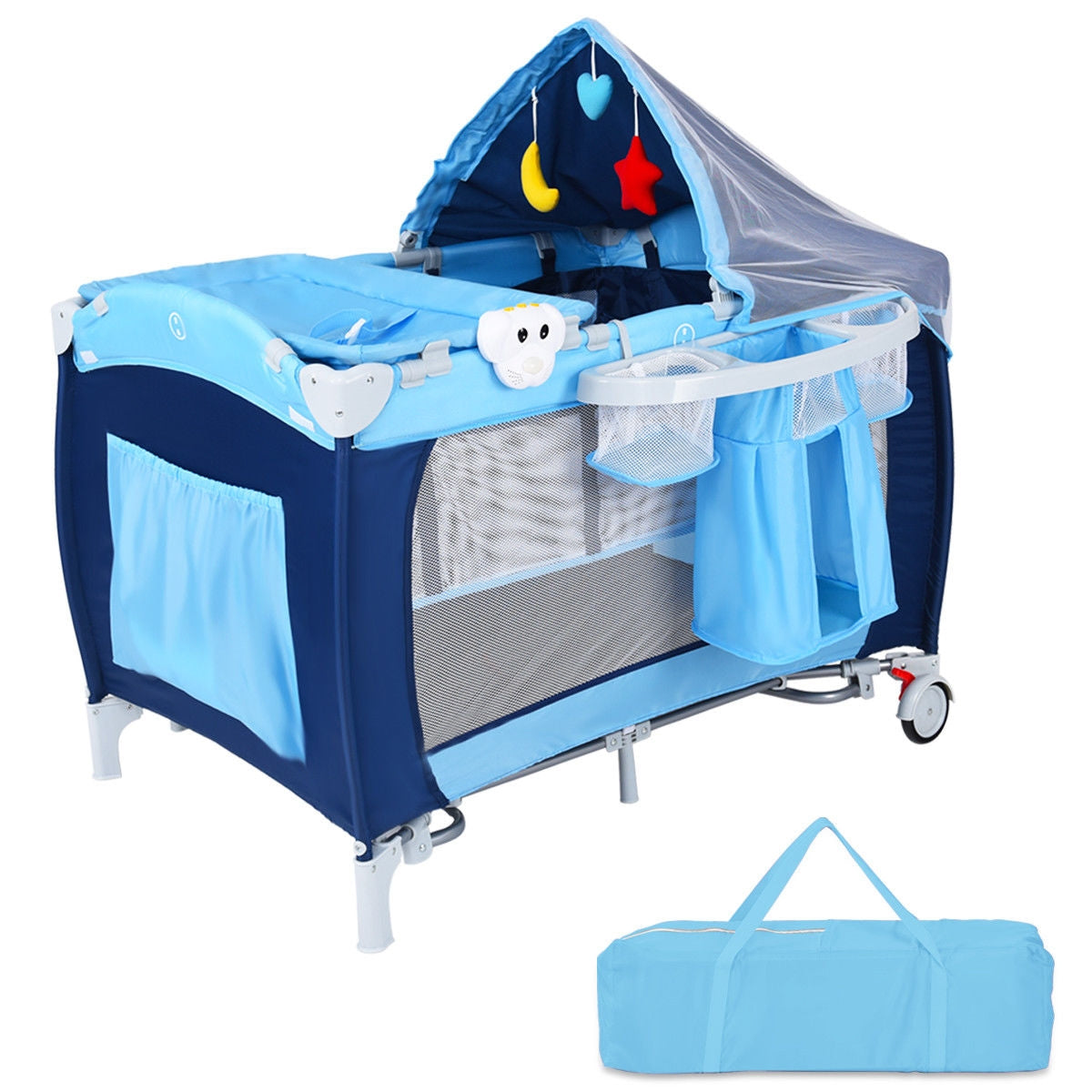 3-in-1 Foldable Baby Playpen with Mosquito Net & Carry Bag - Blue Variation