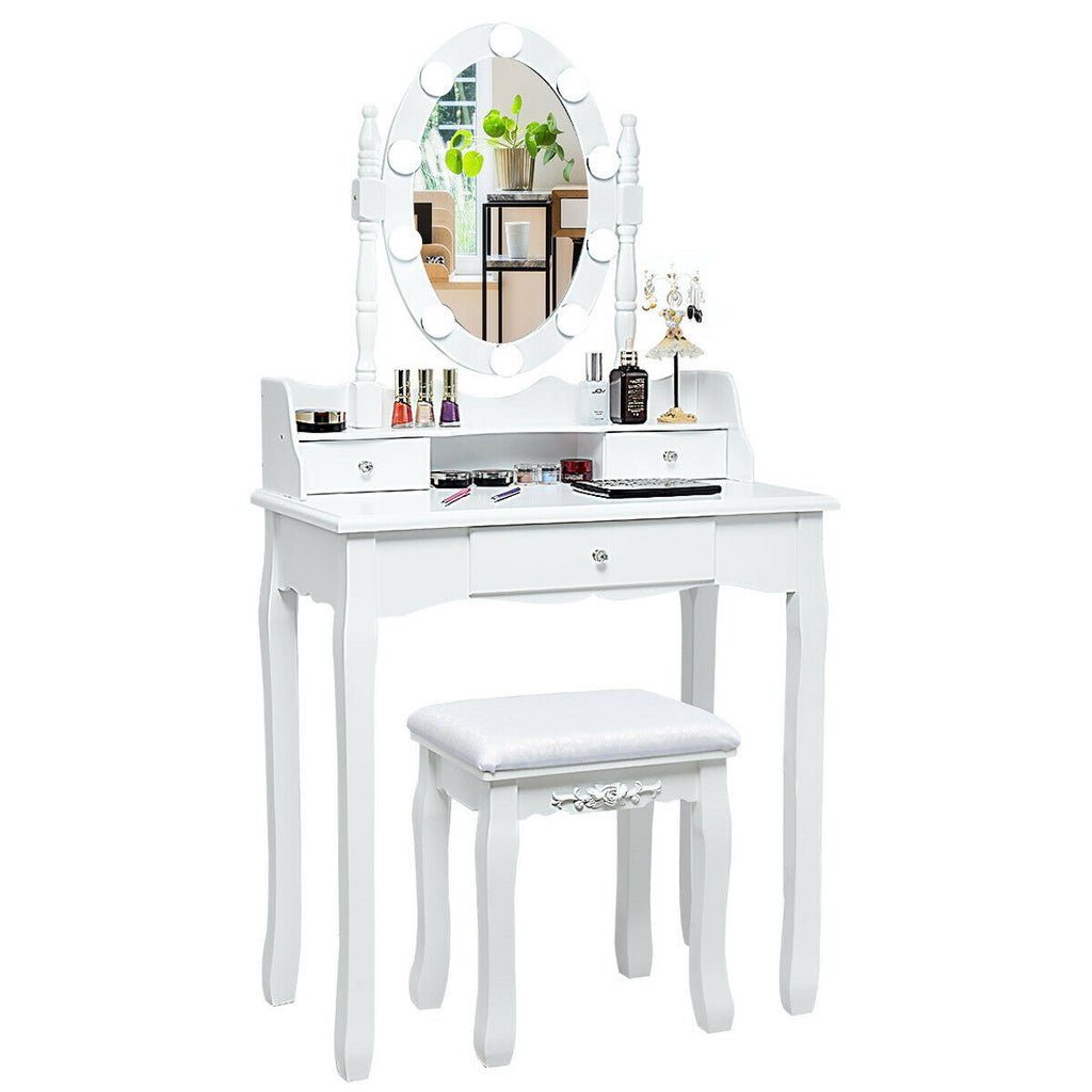 Oval Mirror Vanity Set with LED Lights and 3 Drawers, White
