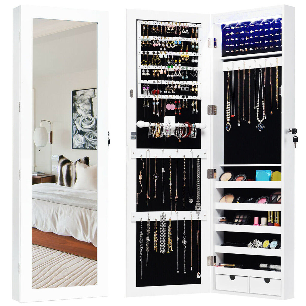 Wall-Mounted Lockable Mirrored Jewelry Cabinet with LED Lights - Style 2