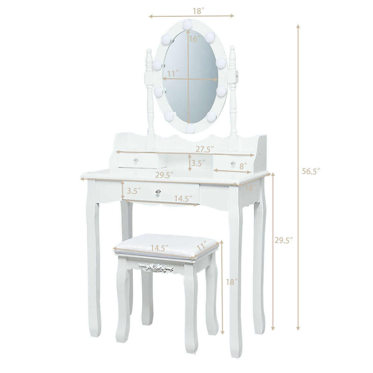Oval Mirror Vanity Set with LED Lights and 3 Drawers, White