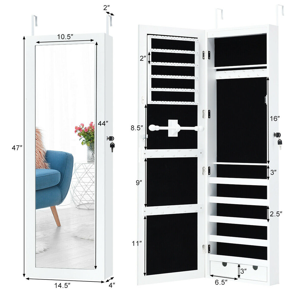 Wall-Mounted Lockable Mirrored Jewelry Cabinet with LED Lights - Style 2