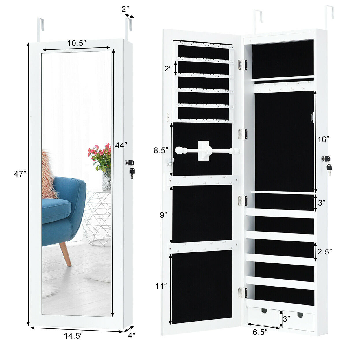 Wall-Mounted Lockable Mirrored Jewelry Cabinet with LED Lights - Style 2