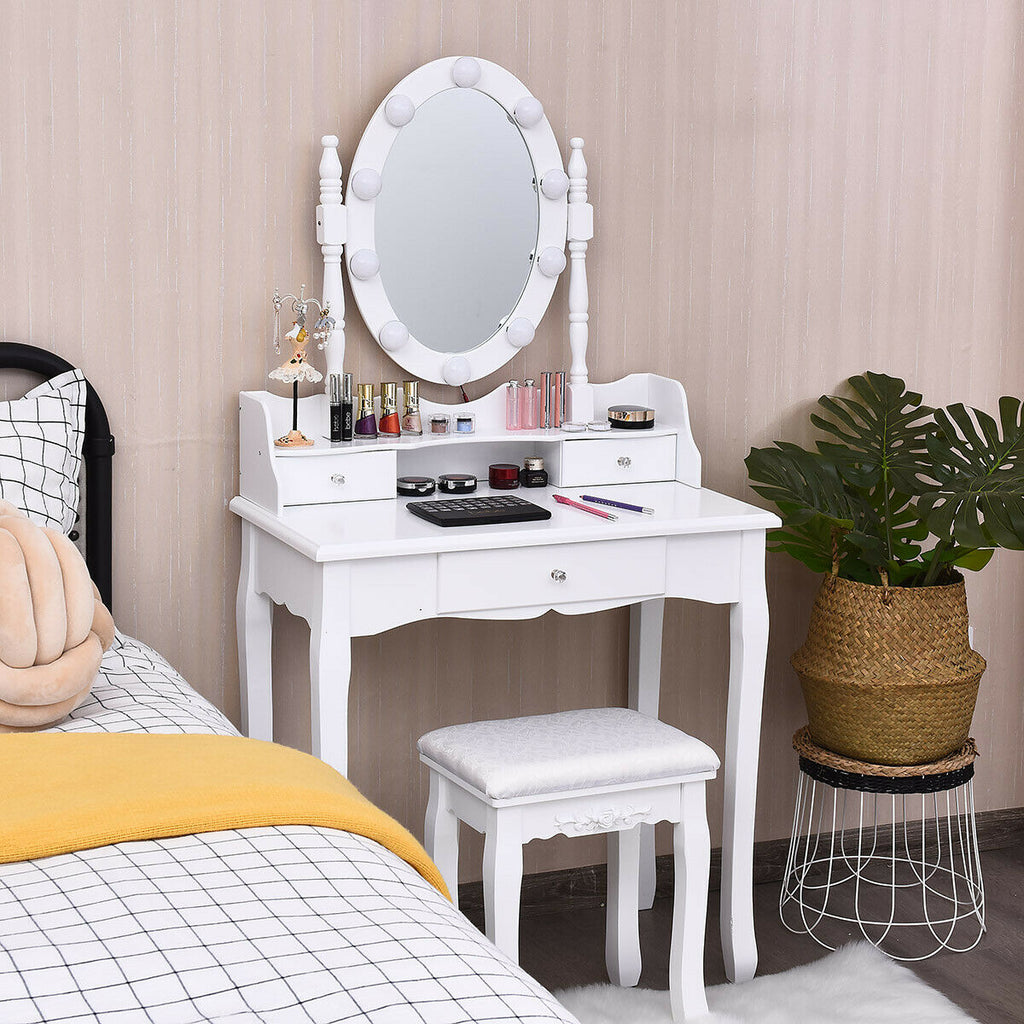 Oval Mirror Vanity Set with LED Lights and 3 Drawers, White