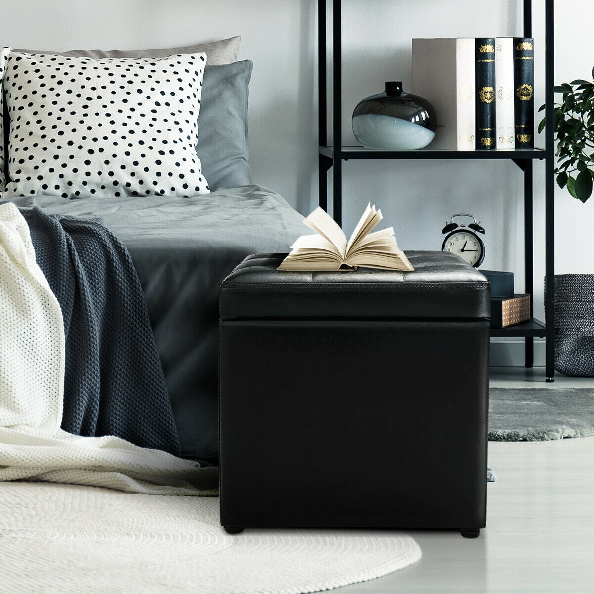 16 Inch Ottoman Storage Box with Hinge Top - Black