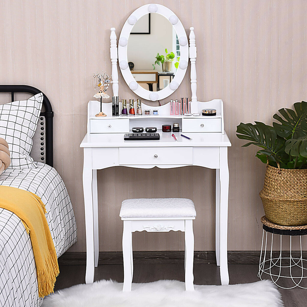 Oval Mirror Vanity Set with LED Lights and 3 Drawers, White