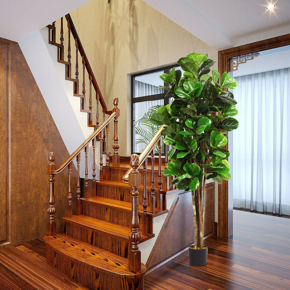 Artificial Indoor-Outdoor Fiddle Leaf Fig Tree - 71 Inch with Realistic Trunks and Leaves