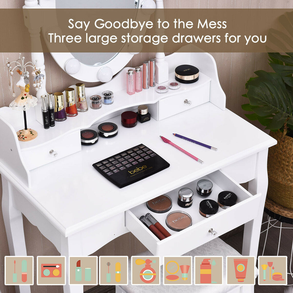 Oval Mirror Vanity Set with LED Lights and 3 Drawers, White