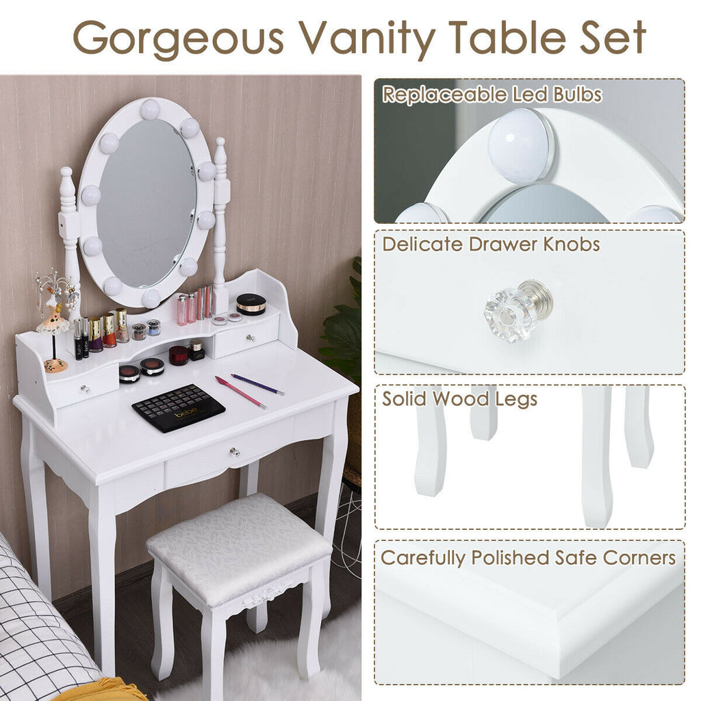 Oval Mirror Vanity Set with LED Lights and 3 Drawers, White