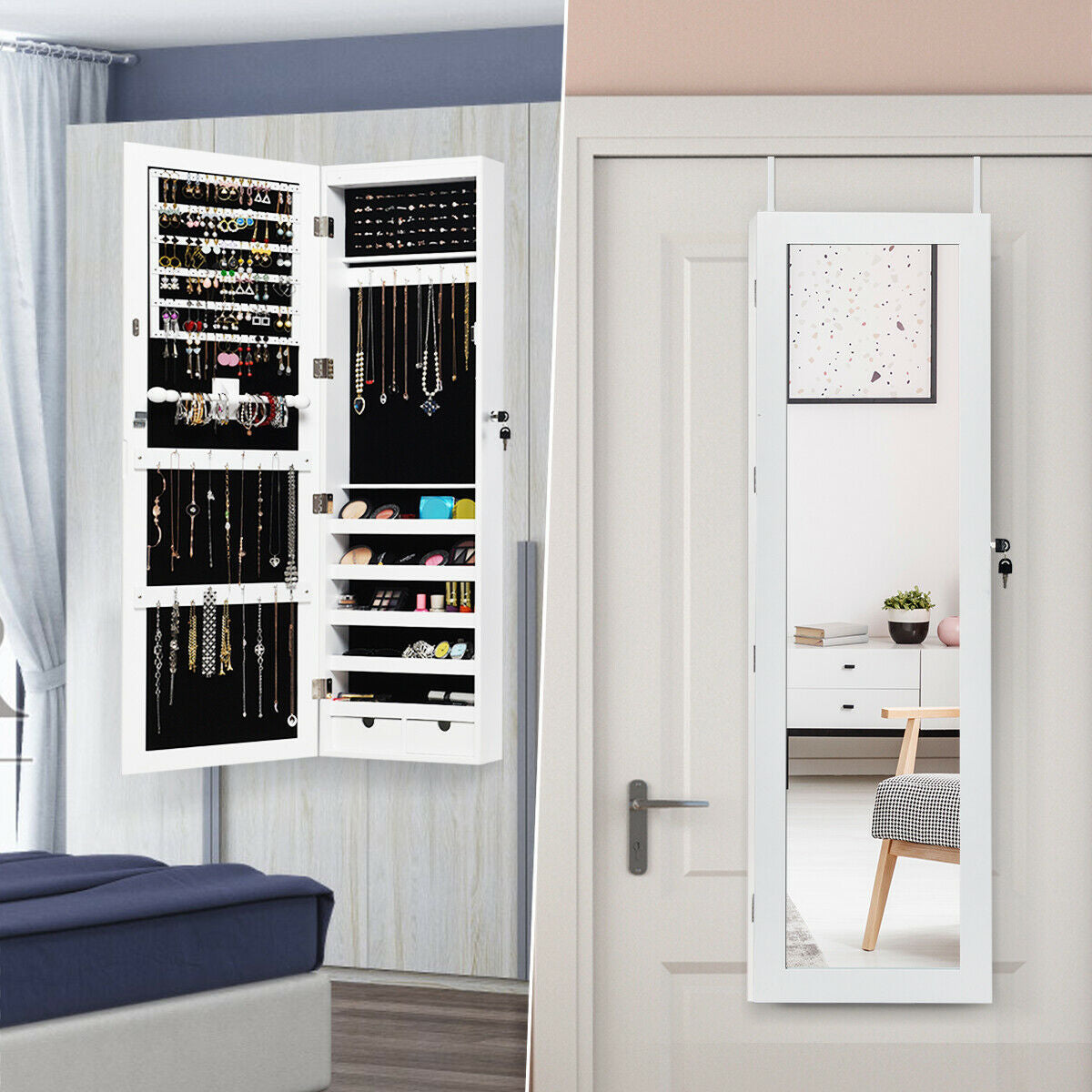 Wall-Mounted Lockable Mirrored Jewelry Cabinet with LED Lights - Style 2