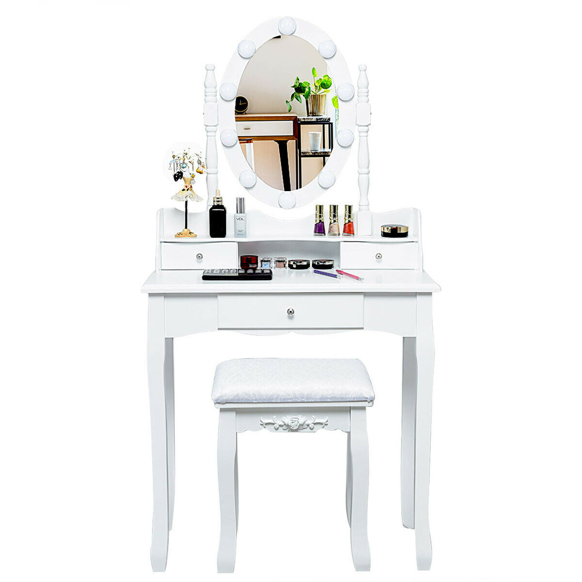 Oval Mirror Vanity Set with LED Lights and 3 Drawers, White