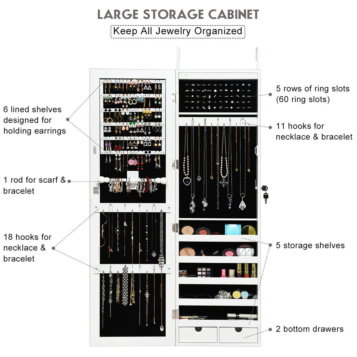 Wall-Mounted Lockable Mirrored Jewelry Cabinet with LED Lights - Style 2