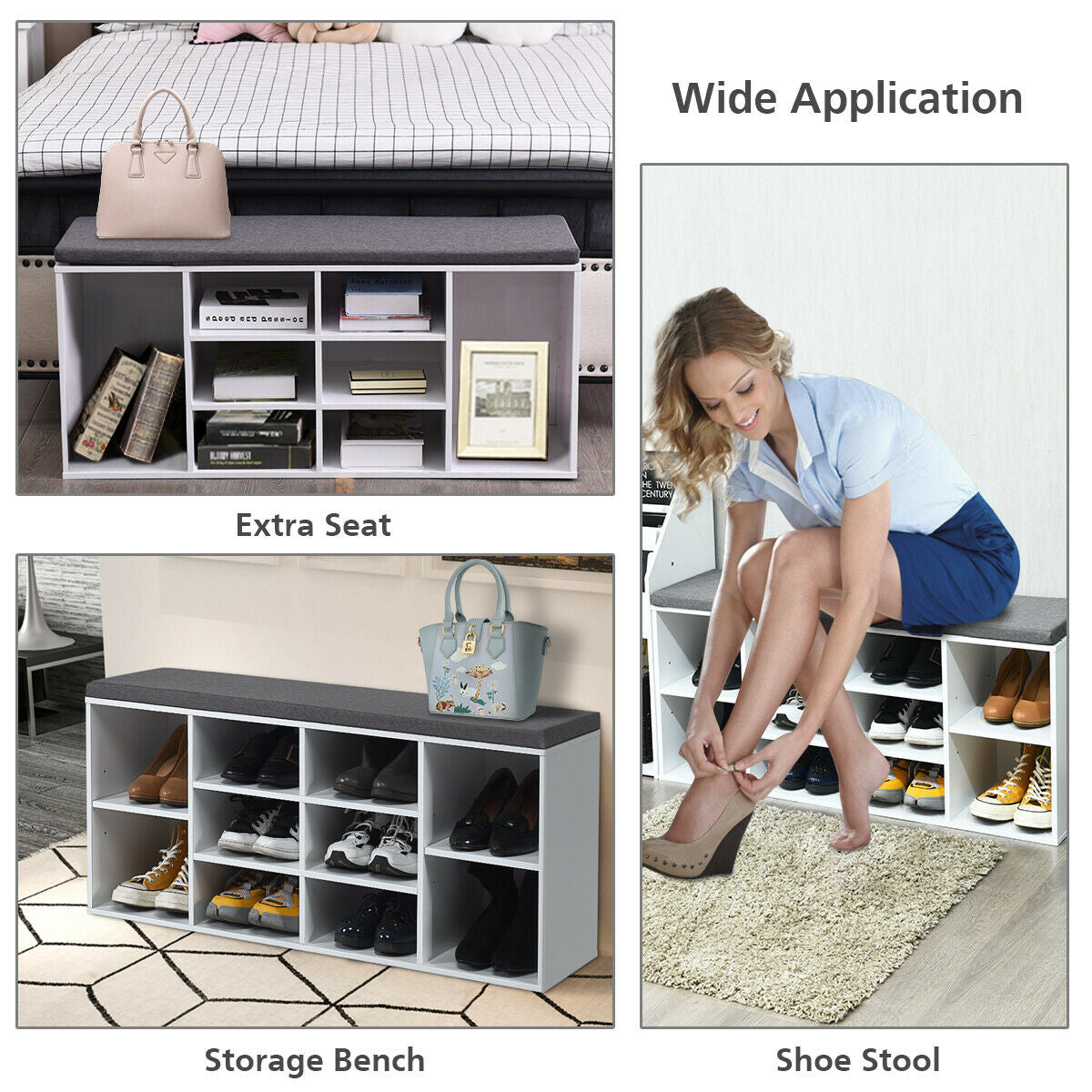 10-Cube Shoe Storage Bench with Cushion - White