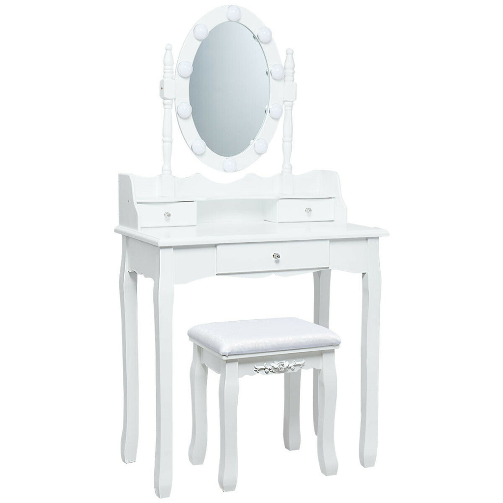 Oval Mirror Vanity Set with LED Lights and 3 Drawers, White