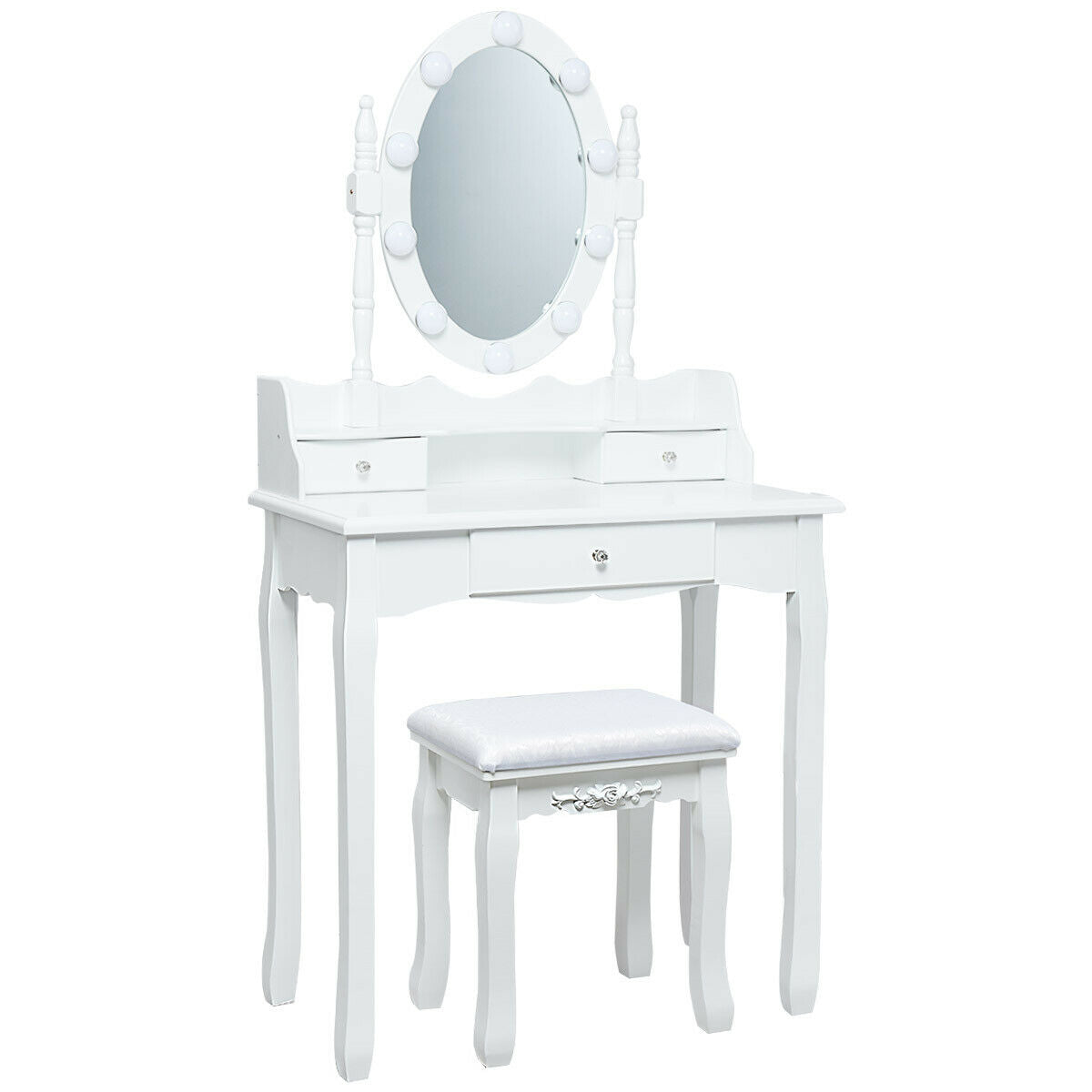 Oval Mirror Vanity Set with LED Lights and 3 Drawers, White