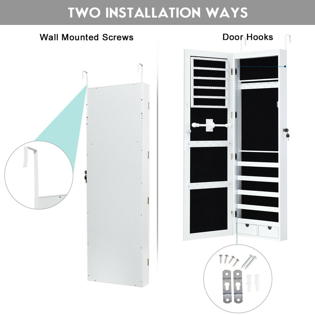 Wall-Mounted Lockable Mirrored Jewelry Cabinet with LED Lights - Style 2