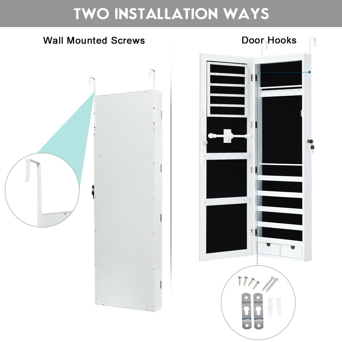 Wall-Mounted Lockable Mirrored Jewelry Cabinet with LED Lights - Style 2