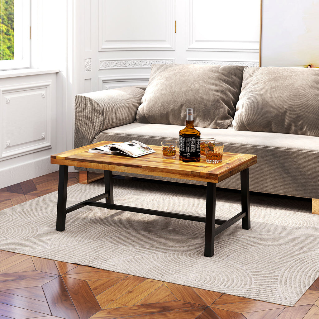 Acacia Wood Coffee Table with Thickened Top and Heavy-duty Metal Legs