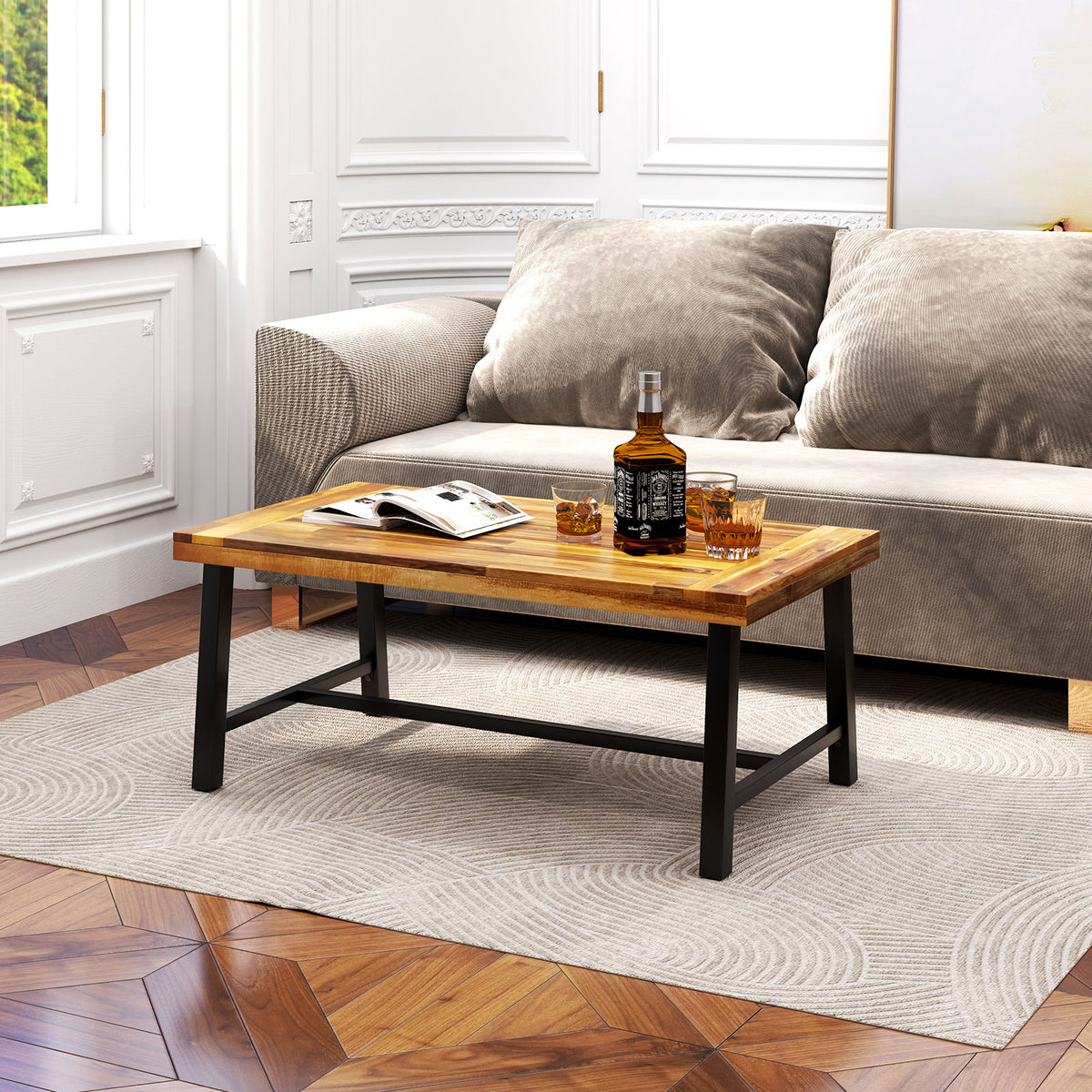 Acacia Wood Coffee Table with Thickened Top and Heavy-duty Metal Legs