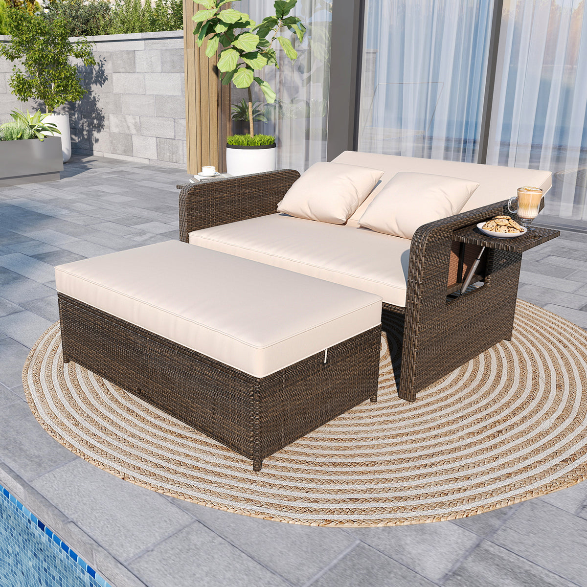 Outdoor Daybed Loveseat Set with Storage Ottoman – Space-Saving Design