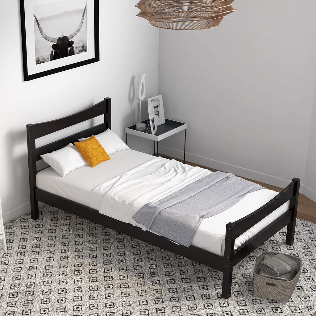 Twin Size Rustic Platform Bed Frame with Headboard - Dark Brown