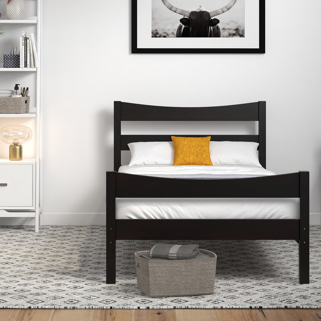 Twin Size Rustic Platform Bed Frame with Headboard - Dark Brown