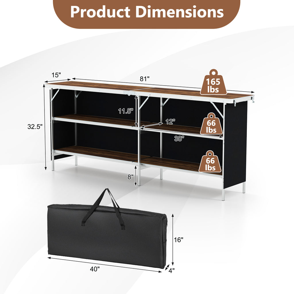 Aluminum Portable Picnic Table with Storage Shelves – Coffee