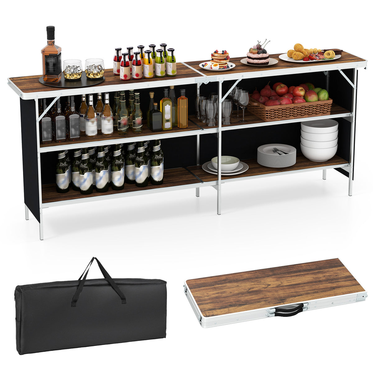 Aluminum Portable Picnic Table with Storage Shelves – Coffee