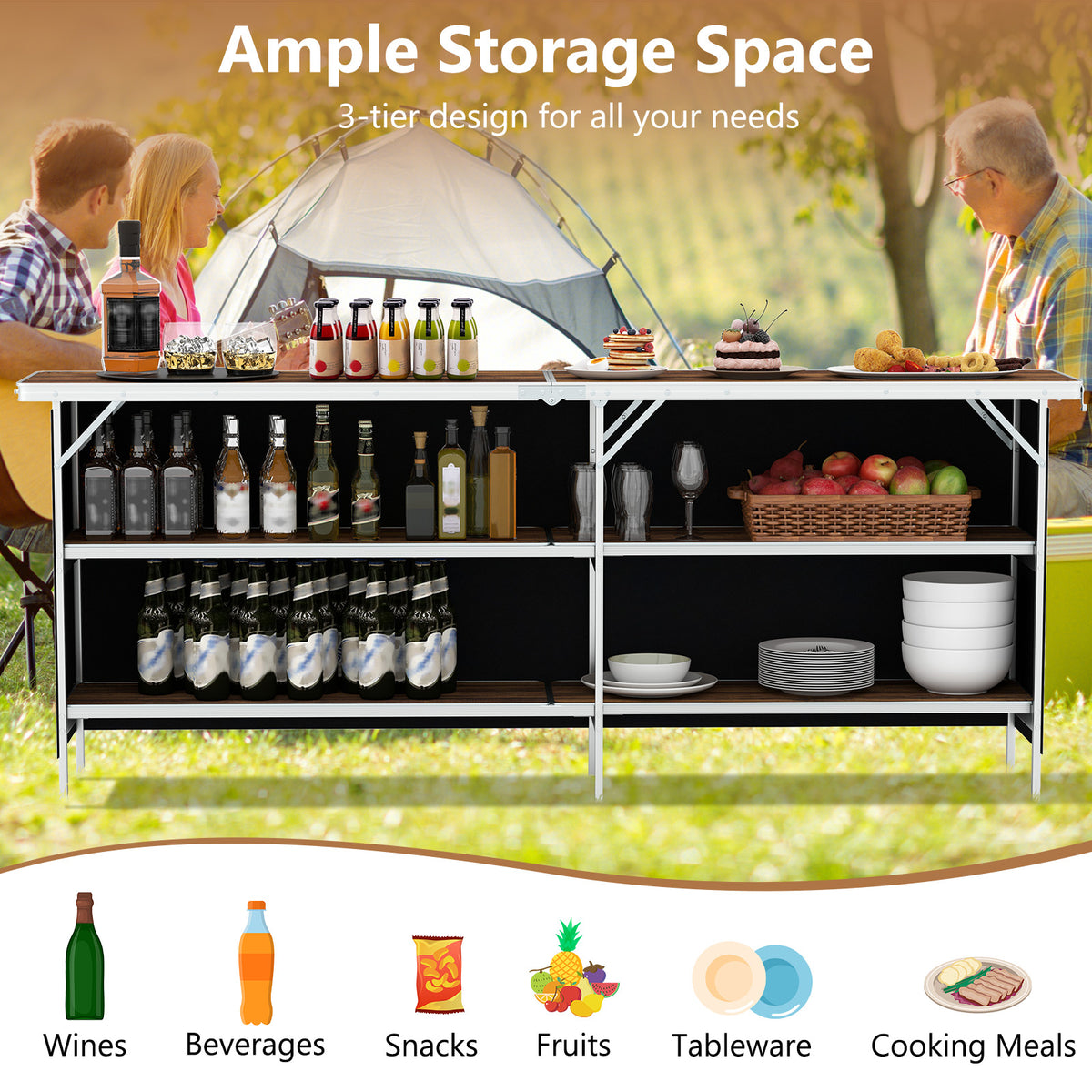 Aluminum Portable Picnic Table with Storage Shelves – Coffee