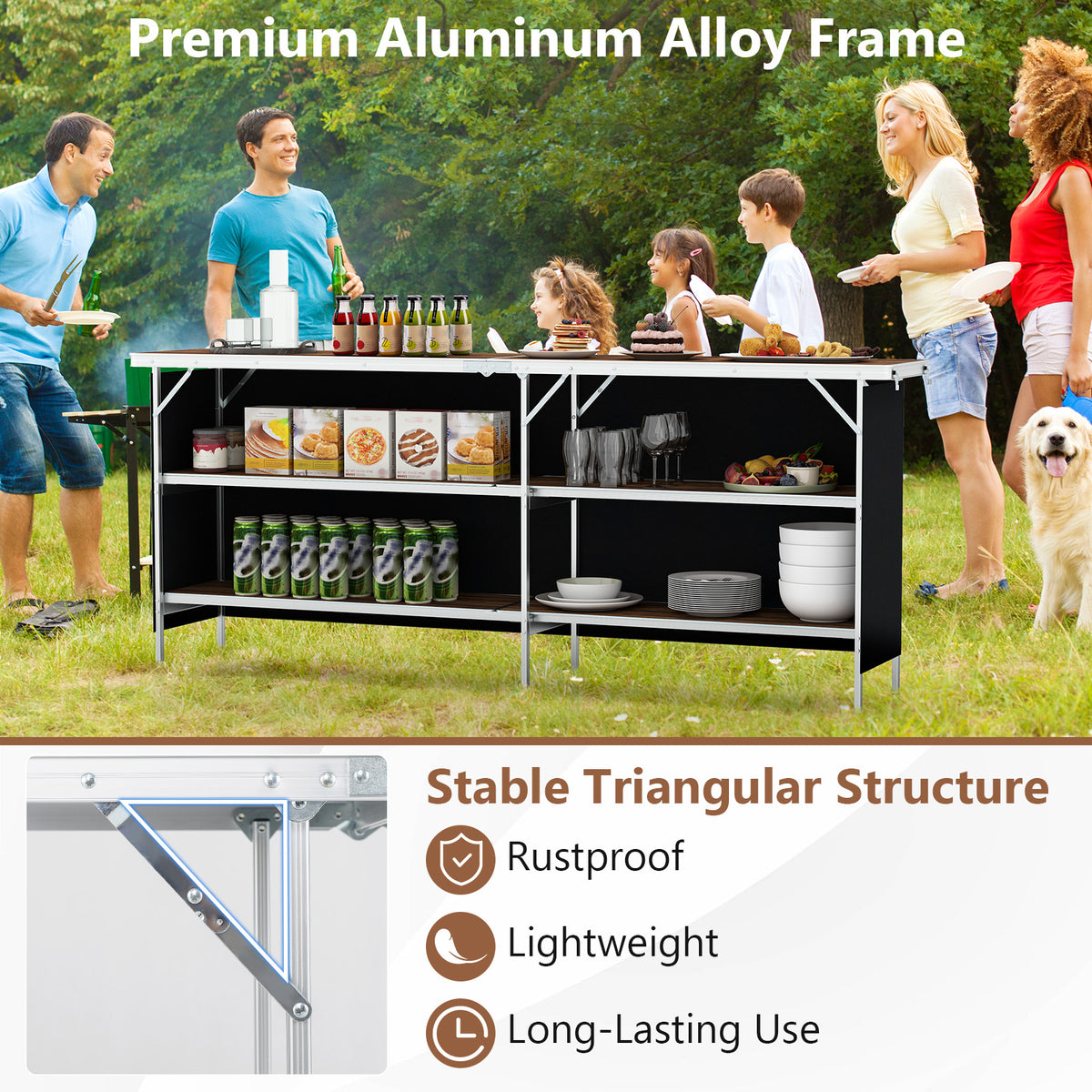 Aluminum Portable Picnic Table with Storage Shelves – Coffee
