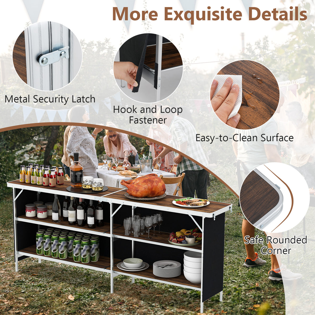 Aluminum Portable Picnic Table with Storage Shelves – Coffee