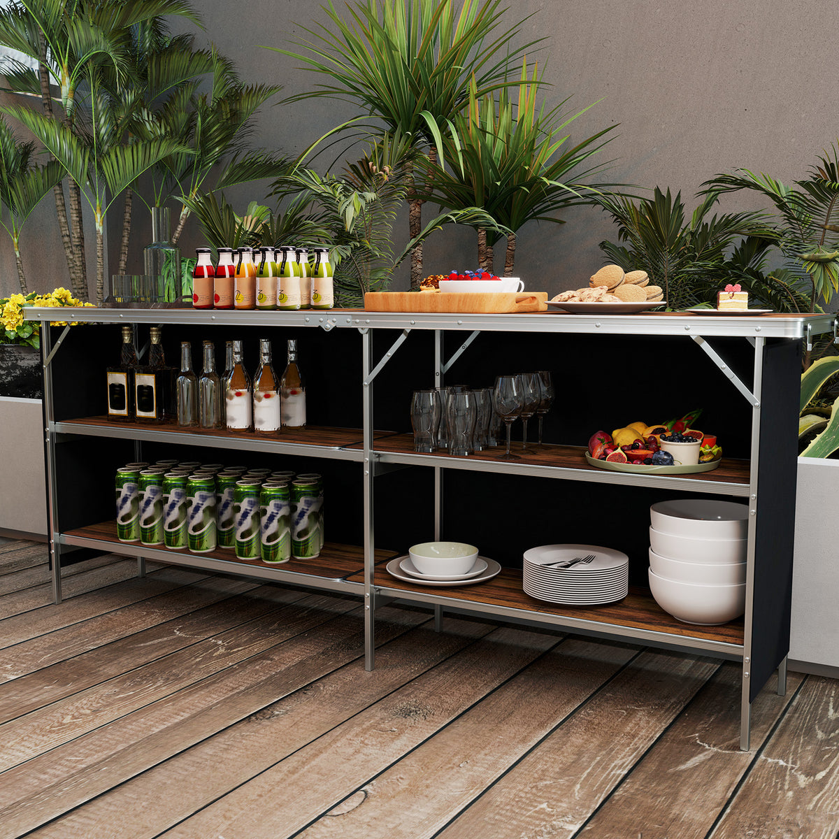 Aluminum Portable Picnic Table with Storage Shelves – Coffee