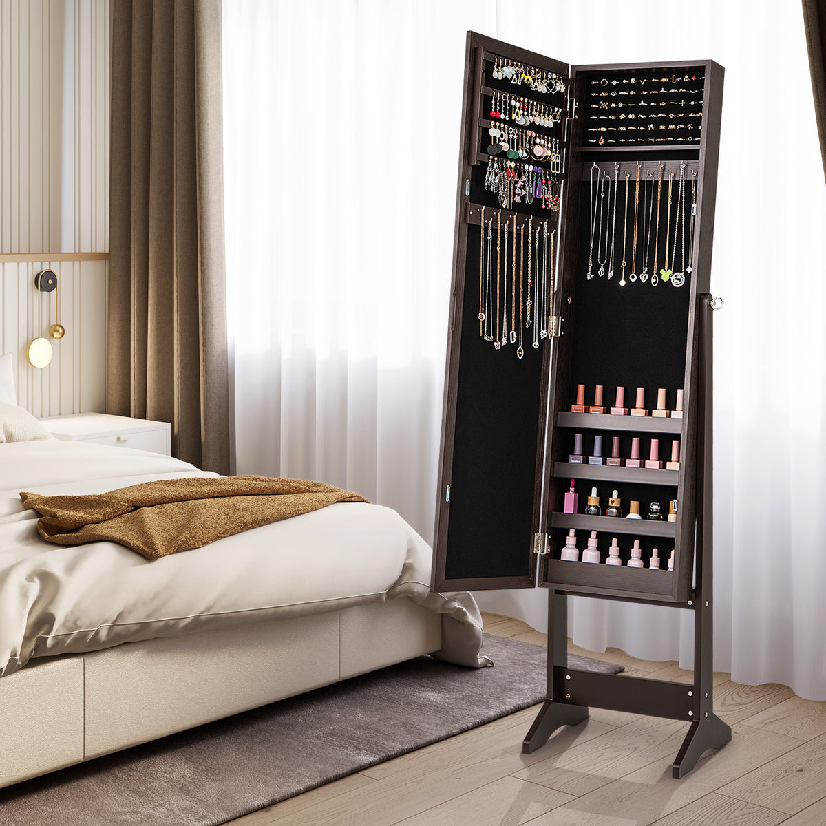 Mirrored Standing Jewelry Cabinet Storage – Rustic Brown