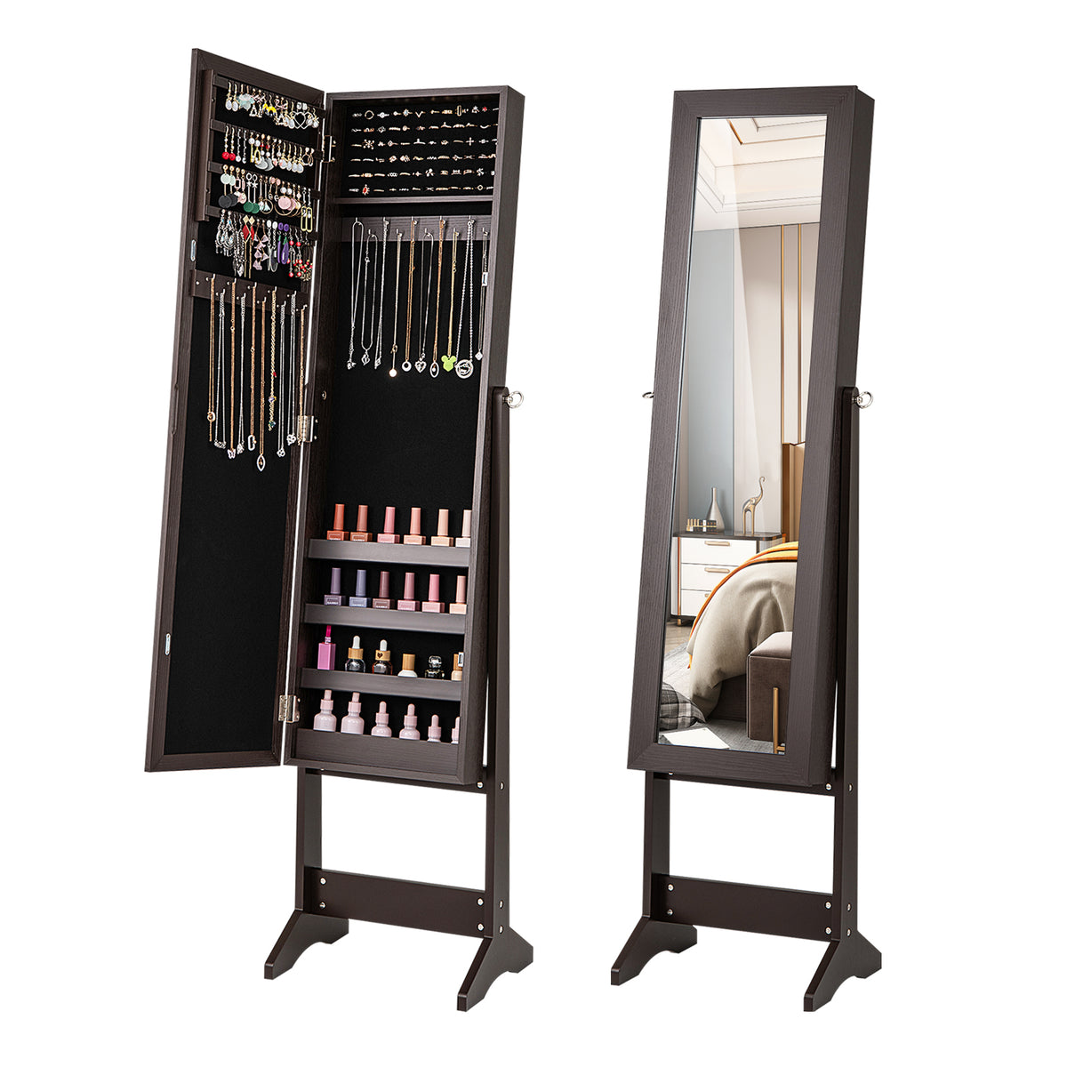 Mirrored Standing Jewelry Cabinet Storage - Rustic Brown