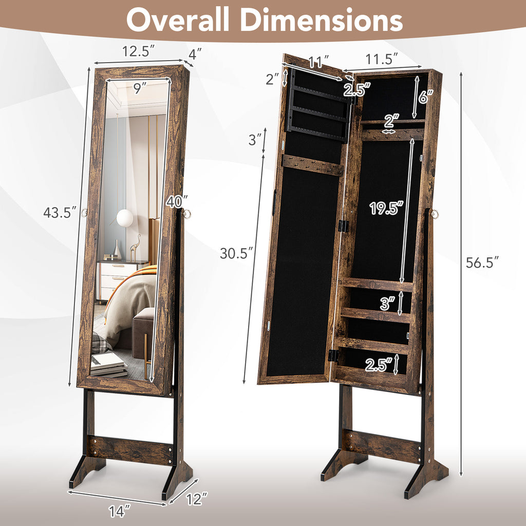Mirrored Standing Jewelry Cabinet Storage – Rustic Brown