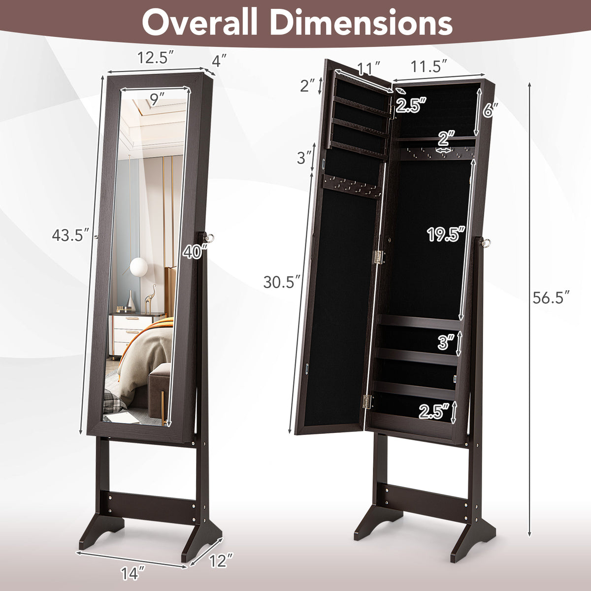 Mirrored Standing Jewelry Cabinet Storage - Rustic Brown