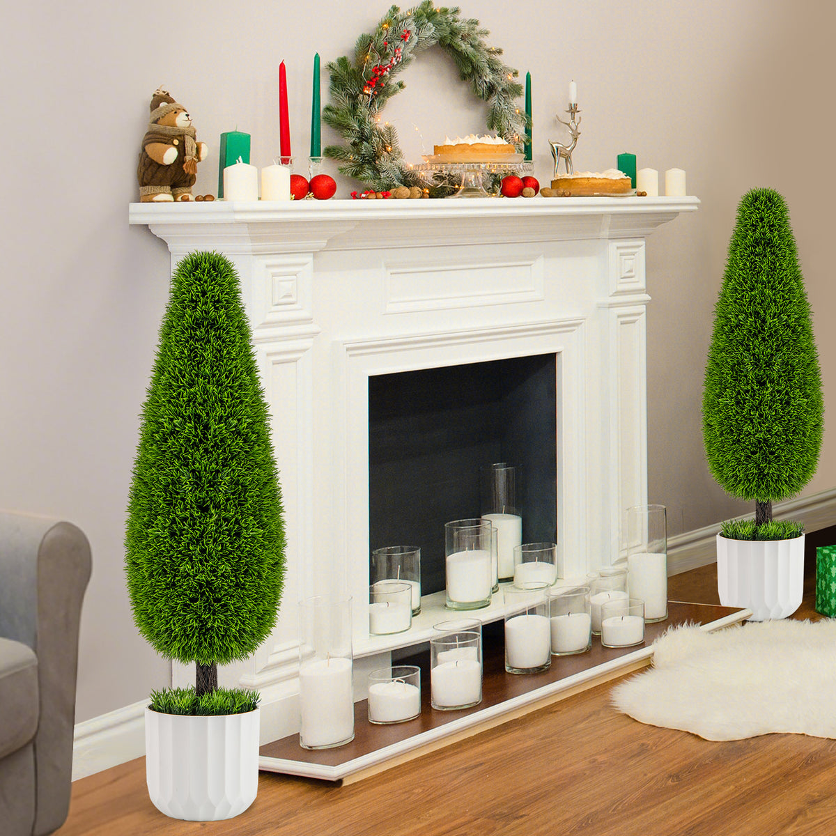 Artificial Cedar Bush with Nursery Pot - Green Teardrop Shape, 2 Pack